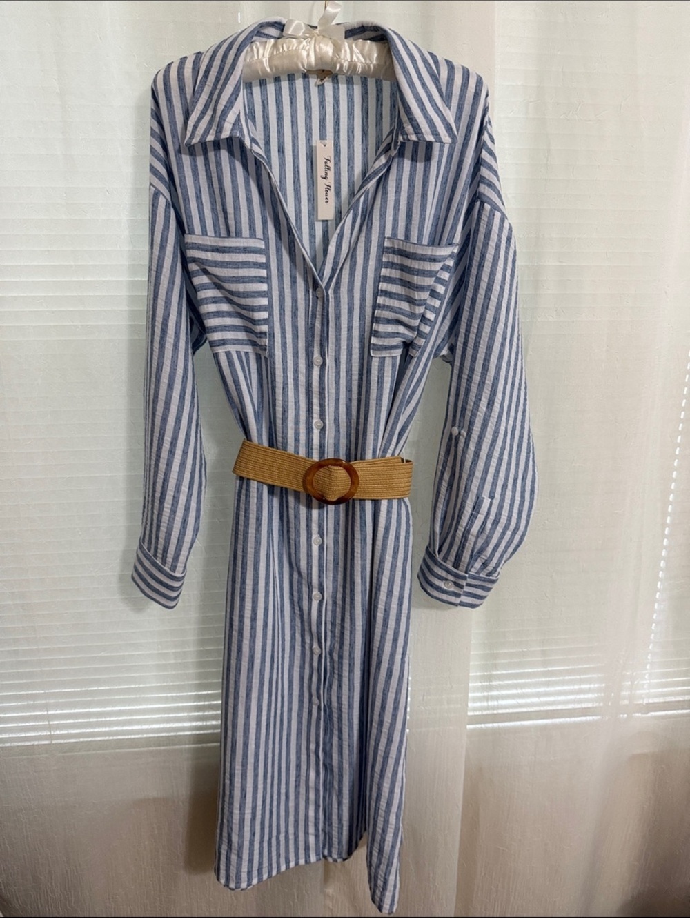 Falling Flower L Blue and White Striped Button-Up Tab Long Sleeve Shirt Dress - Picture 2 of 14